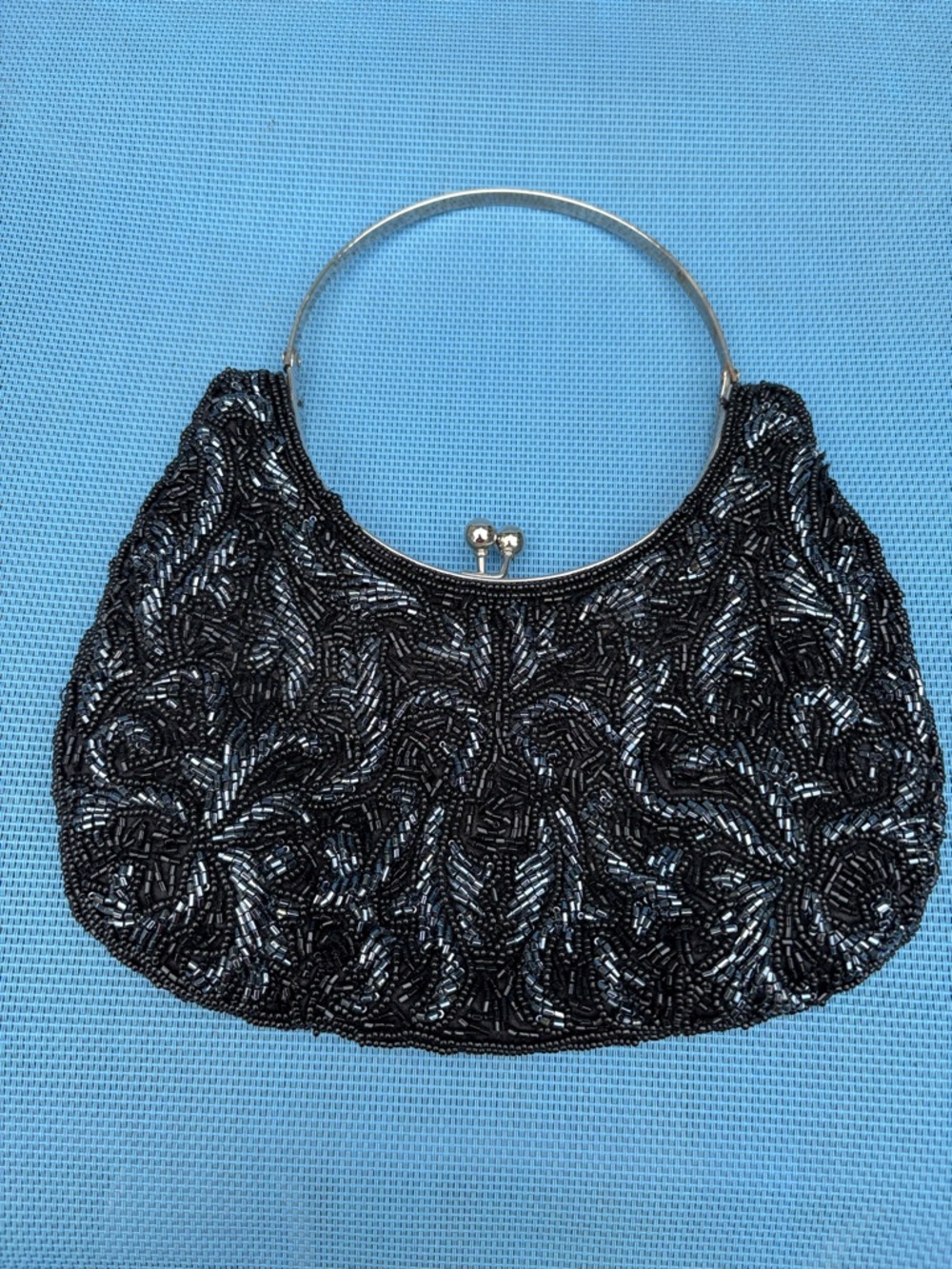Black Beaded Evening Handbag with Metal Handle.  Vintage